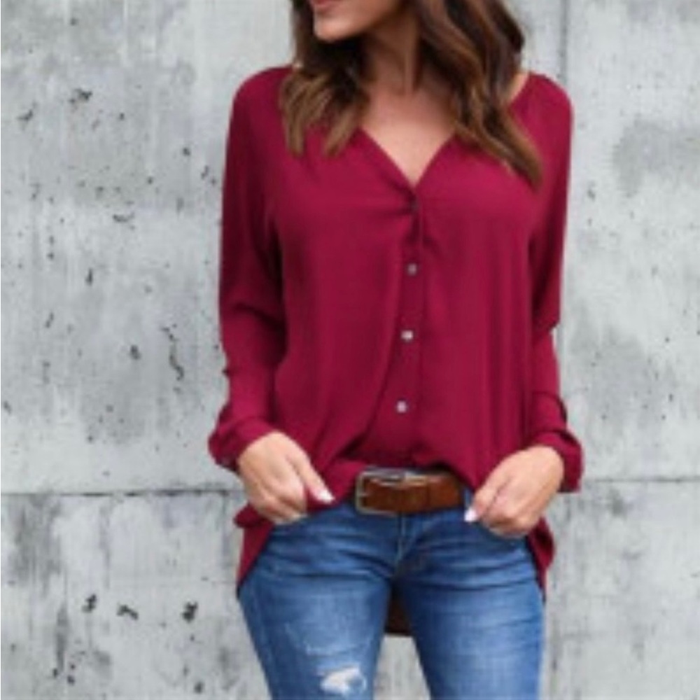 V-Neck Button Chiffon Blouse